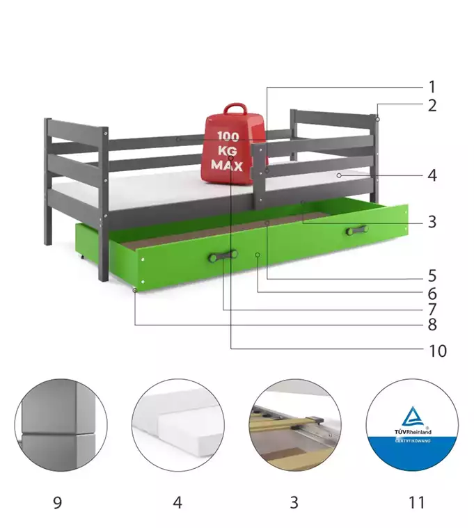 ERYK 80X190 single youth bed with mattress and drawer, graphite/green - Image 4