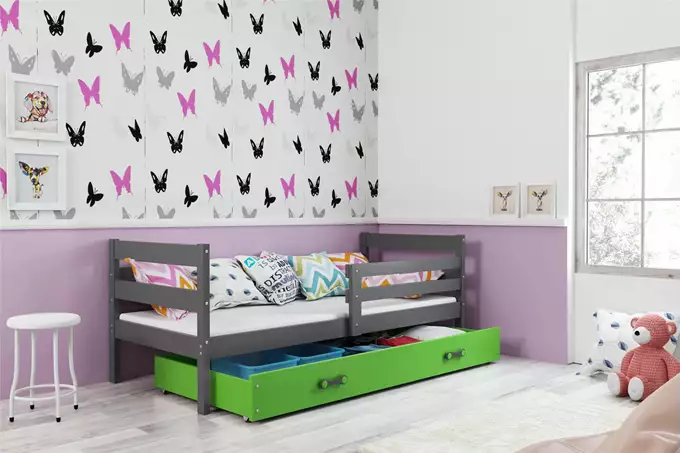 ERYK 80X190 single youth bed with mattress and drawer, graphite/green - Image 5