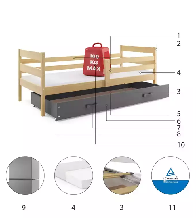ERYK 80X190 single youth bed with mattress and drawer, pine/graphite - Image 4