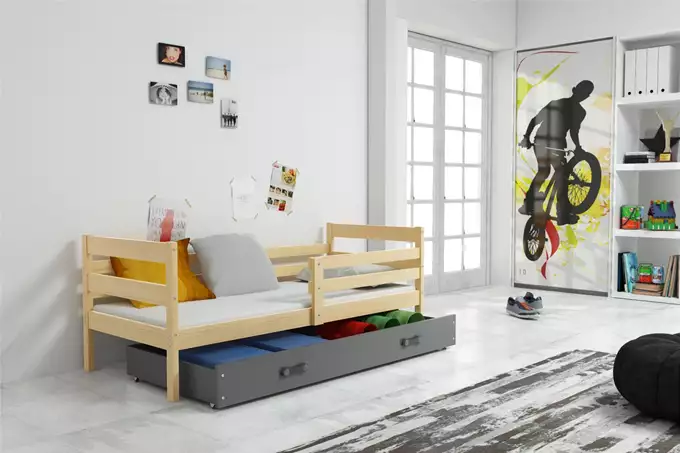 ERYK 80X190 single youth bed with mattress and drawer, pine/graphite - Image 5