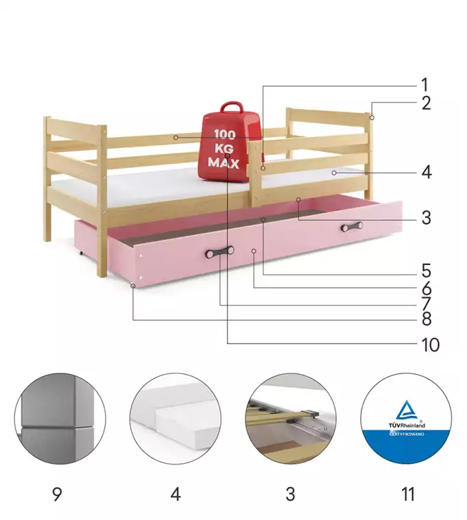 ERYK single youth bed 80x190 with mattress and drawer, pine/pink - Image 4