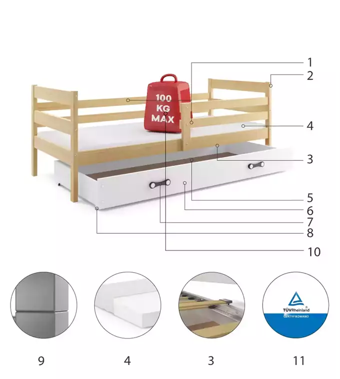 ERYK single youth bed 80x190 with drawer, pine/white - Image 6