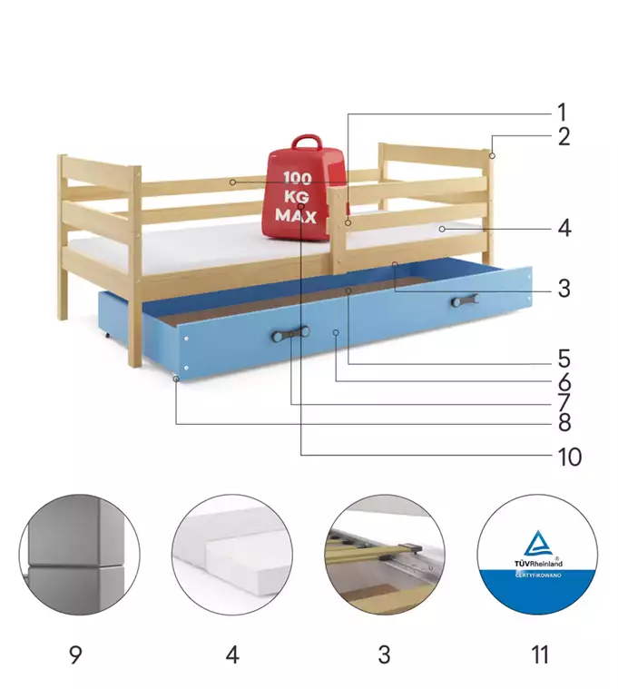 ERYK 80X190 single youth bed with drawer, pine/blue - Image 6