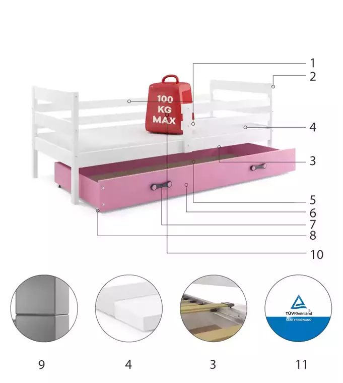 ERYK single youth bed 90x200 with mattress and drawer, white/pink - Image 6