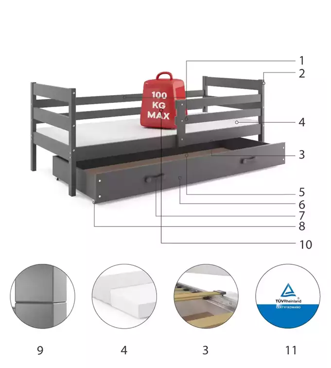 ERYK 90X200 single youth bed with mattress and drawer, graphite color - Image 6