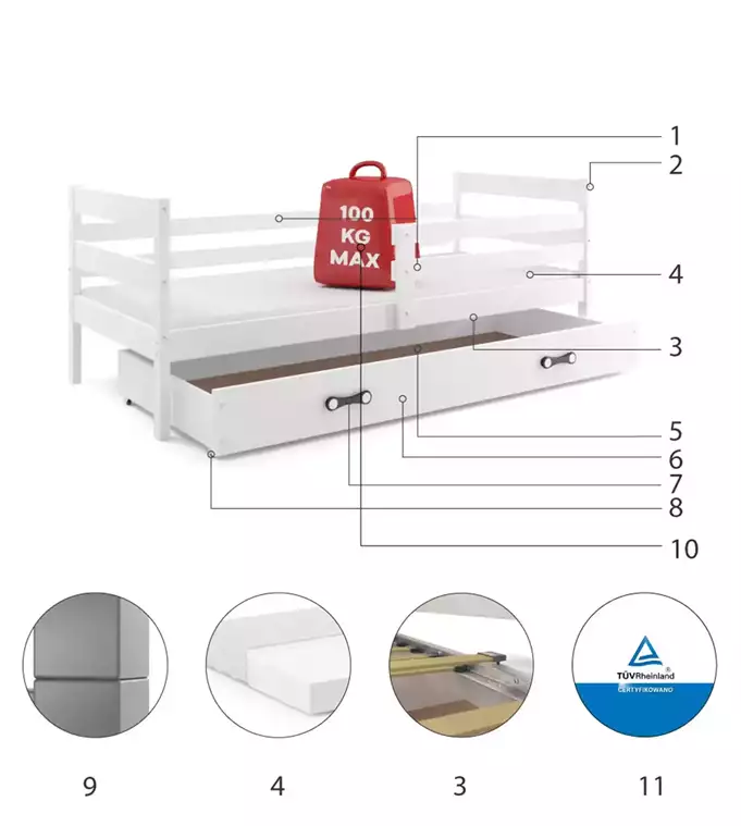 ERYK 90x200 single youth bed with drawer, white - Image 6