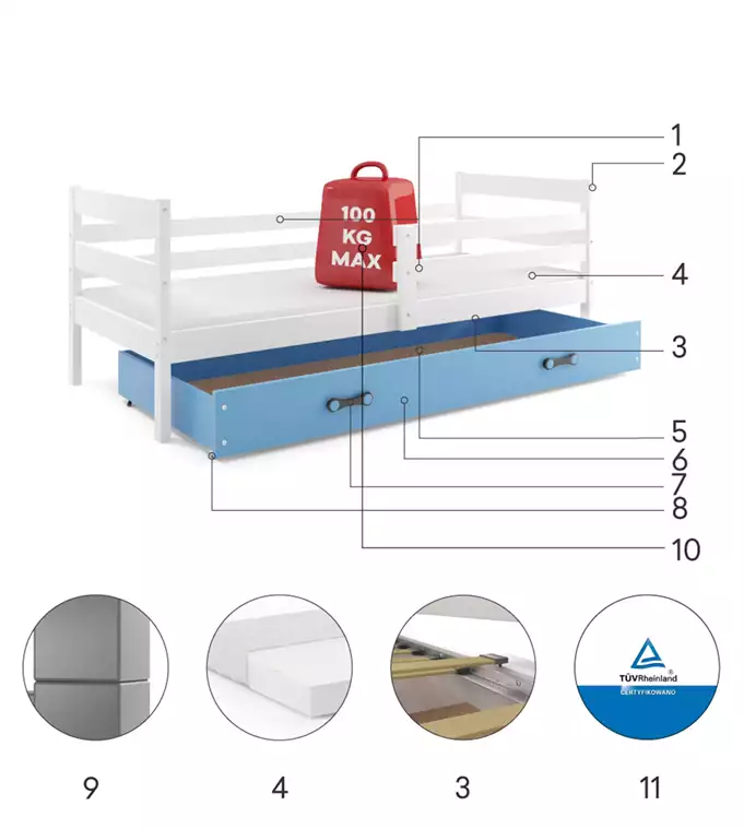 ERYK single youth bed 90x200 with drawer, white/blue - Image 6