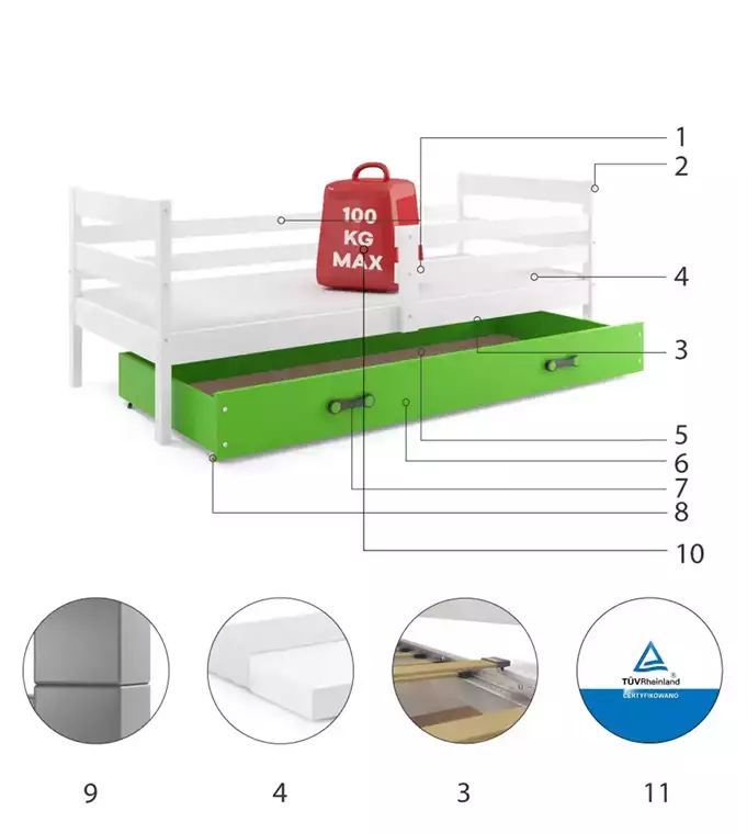 ERYK 90x200 youth single bed with drawer, white/green - Image 6
