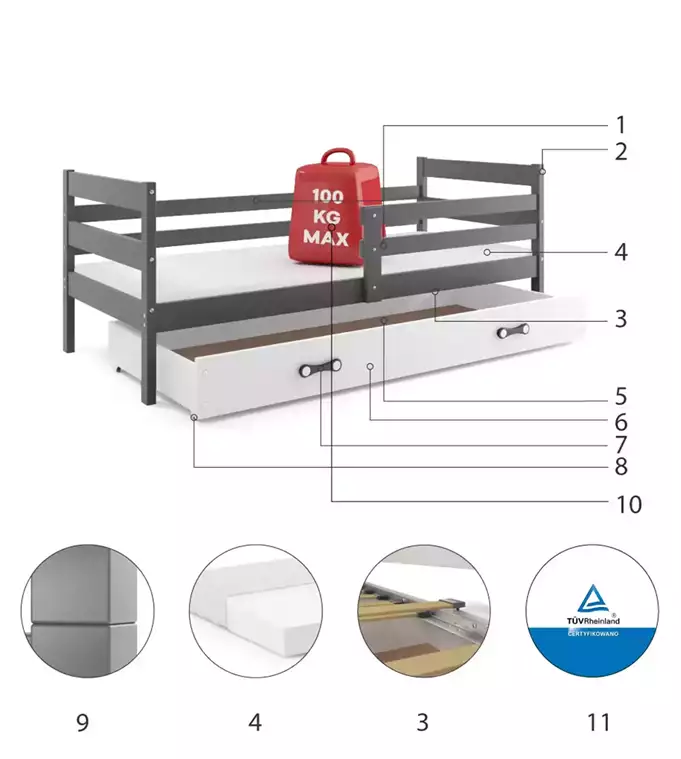 ERYK 90X200 single youth bed with drawer, graphite/white - Image 6