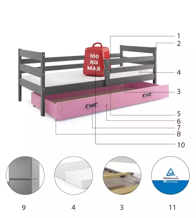 ERYK 90x200 single youth bed with drawer, graphite/pink - Image 6