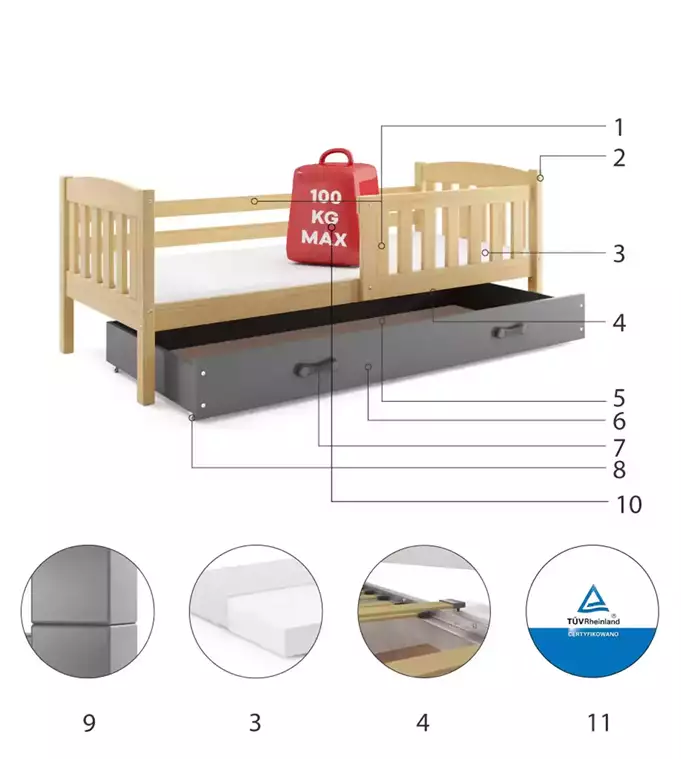 KUBUŚ youth single bed 80x190 with mattress and drawer, pine/graphite - Image 4