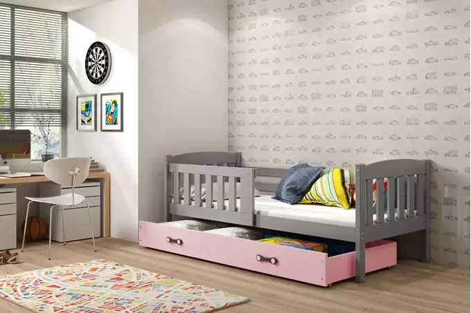 KUBUŚ single youth bed 90x190 with mattress and drawer, graphite/pink - Image 4