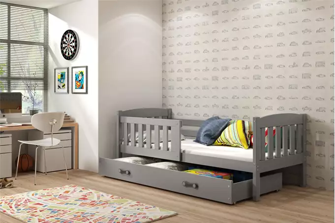 KUBUŚ single youth bed 90X190 with mattress and drawer, graphite color - Image 3
