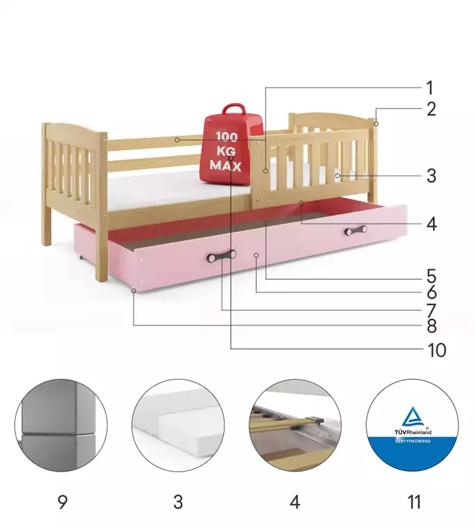 KUBUŚ single youth bed 90x190 with mattress and drawer, pine/pink - Image 6