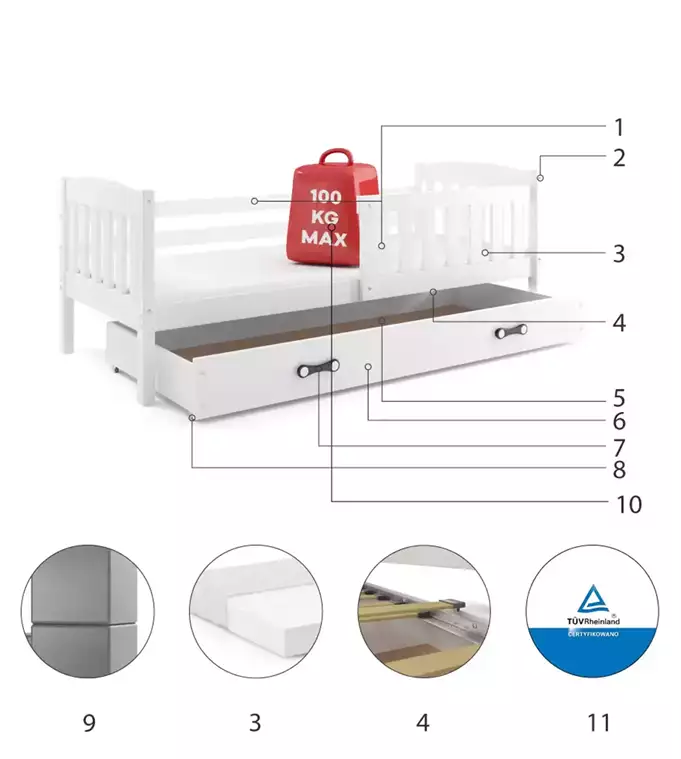 KUBUŚ single youth bed 90x190 with drawer, white - Image 6