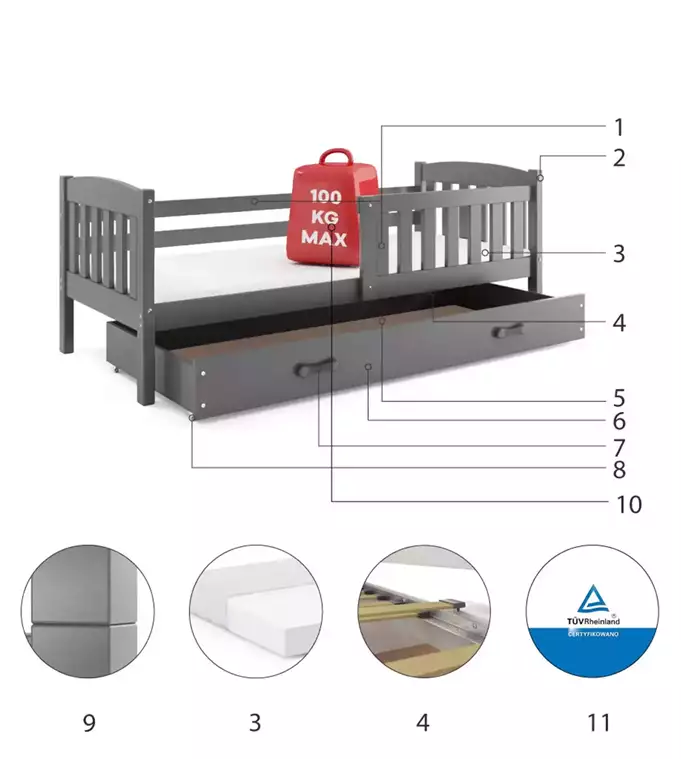 KUBUŚ single youth bed 90X190 with drawer, graphite color - Image 6