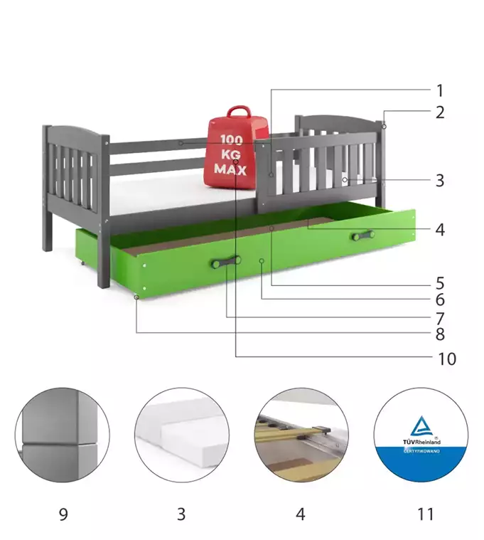 KUBUŚ single youth bed 90x190 with drawer, graphite/green - Image 6