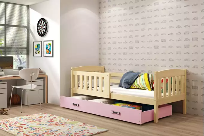 KUBUŚ single youth bed 90x190 with drawer, pine/pink - Image 4