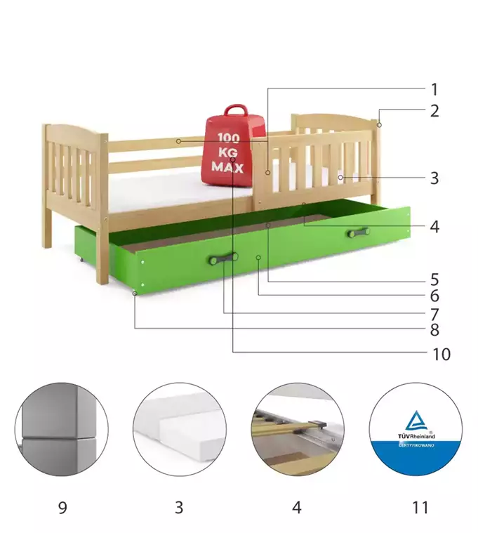 KUBUŚ single youth bed 90x190 with drawer, pine/green - Image 6