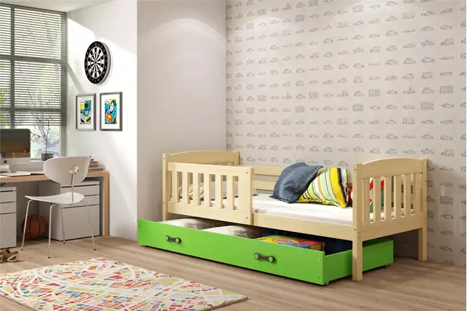 KUBUŚ single youth bed 90x190 with drawer, pine/green - Image 4