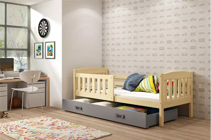 KUBUŚ single youth bed 90x200 with mattress and drawer, pine/graphite - Image 4