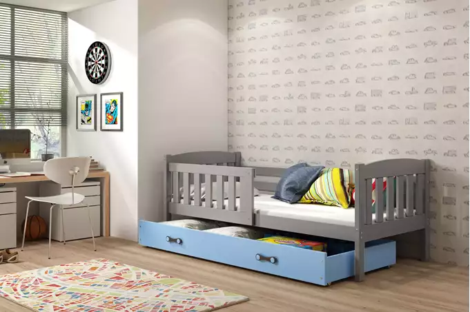 KUBUŚ single youth bed 90x200 with drawer, graphite/blue - Image 4