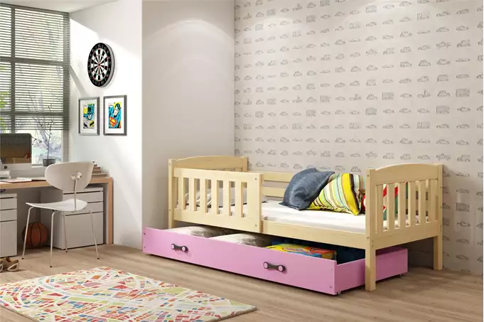 KUBUŚ single youth bed 90x200 with drawer, pine/pink - Image 4