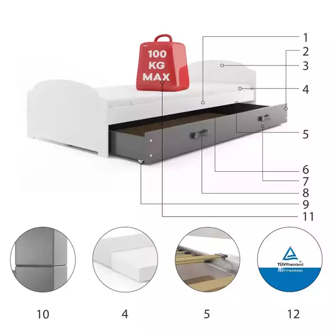 LILI single youth bed 90x200 with mattress and drawer, white/graphite - Image 6