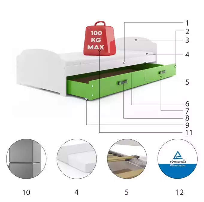 LILI single youth bed 90x200 with mattress and drawer, white/green - Image 6