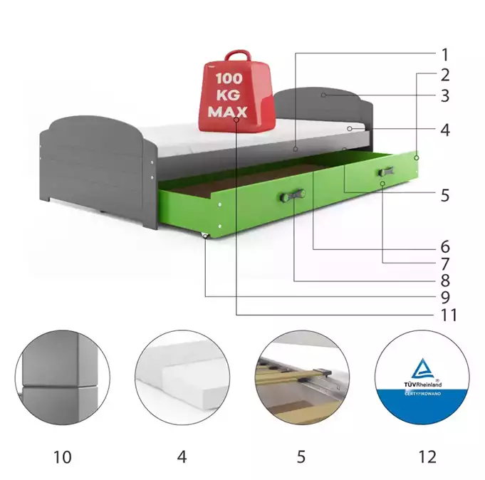 LILI single youth bed 90x200 with mattress and drawer, graphite/green - Image 6