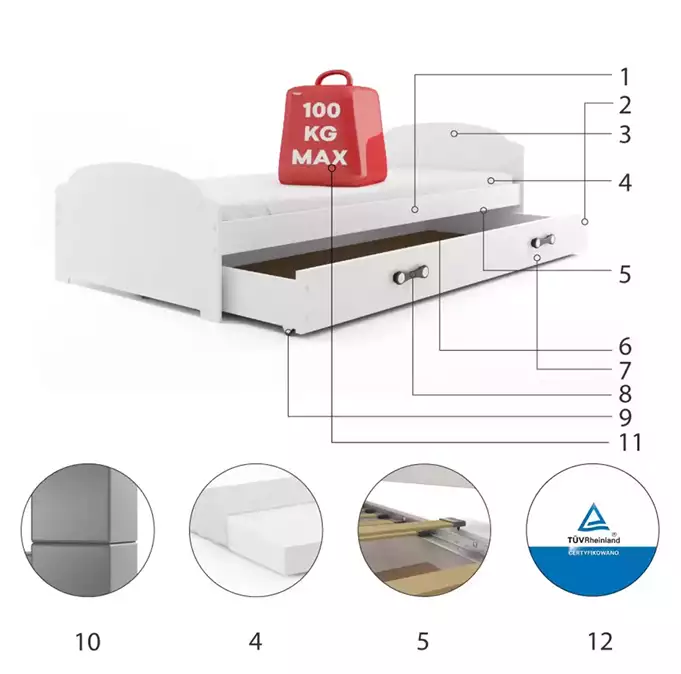 LILI single youth bed 90x200 with drawer, white - Image 6