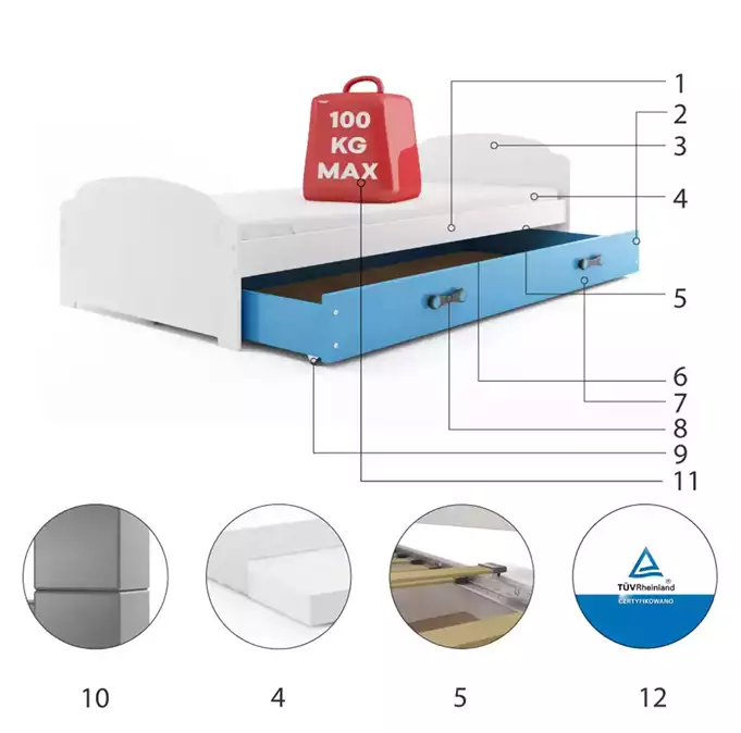 LILI single youth bed 90x200 with drawer, white/blue - Image 6