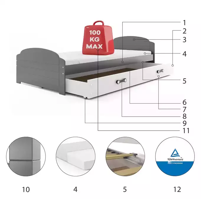 LILI single youth bed 90x200 with drawer, graphite/white - Image 3