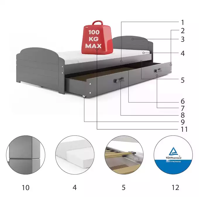 LILI single youth bed 90x200 with drawer, graphite color - Image 3