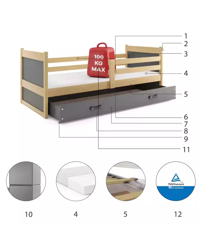 RICO single youth bed 80x190 with drawer, pine/graphite - Image 6