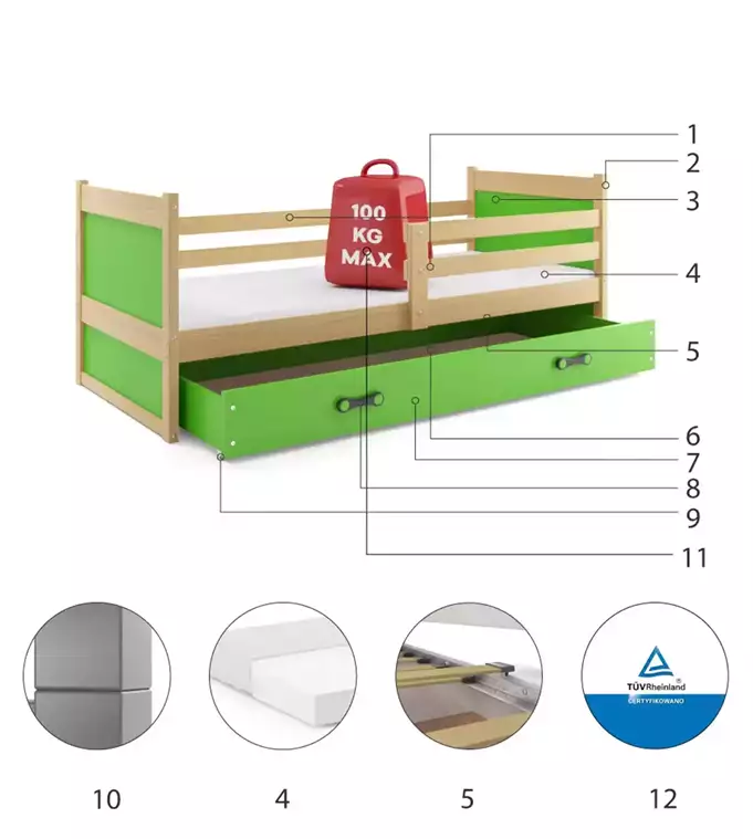 RICO single youth bed 80x190 with drawer, pine/green - Image 6