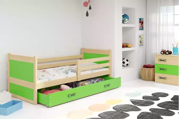 RICO single youth bed 80x190 with drawer, pine/green - Image 3