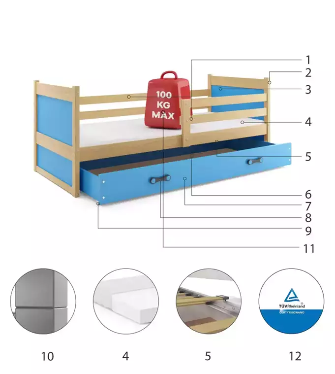 RICO single youth bed 90x190 with mattress and drawer, pine/blue - Image 6