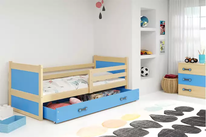 RICO single youth bed 90x190 with mattress and drawer, pine/blue - Image 3