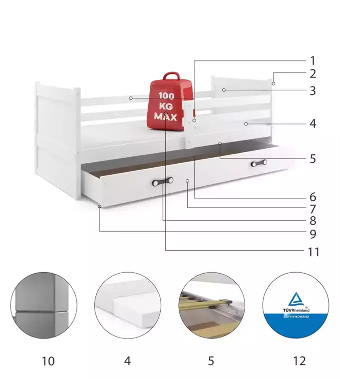RICO single youth bed 90x190 with drawer, white - Image 6
