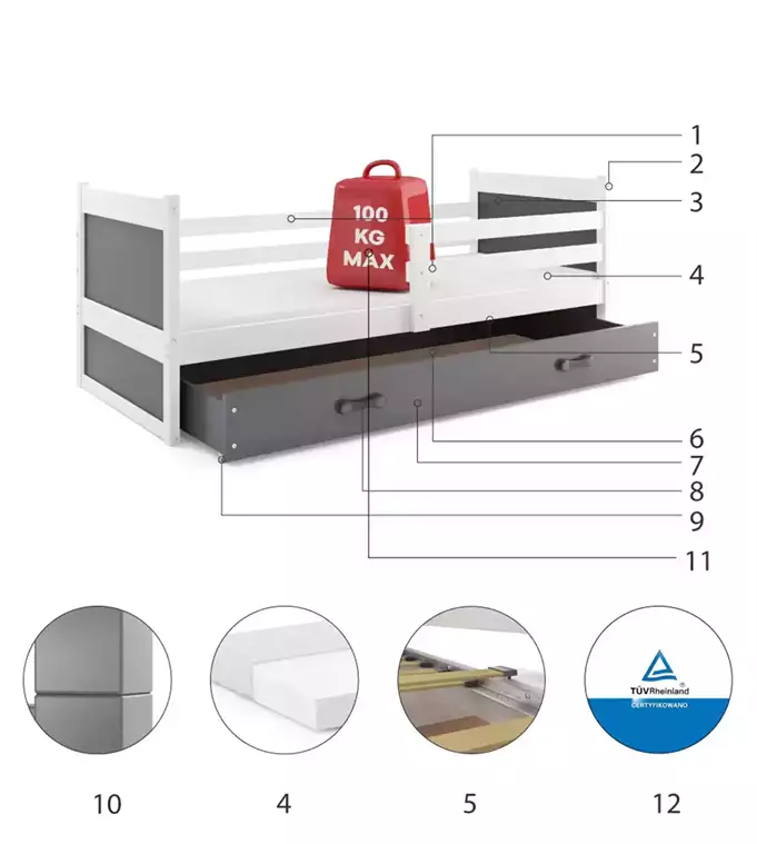 RICO single youth bed 90x190 with drawer, white/graphite - Image 6
