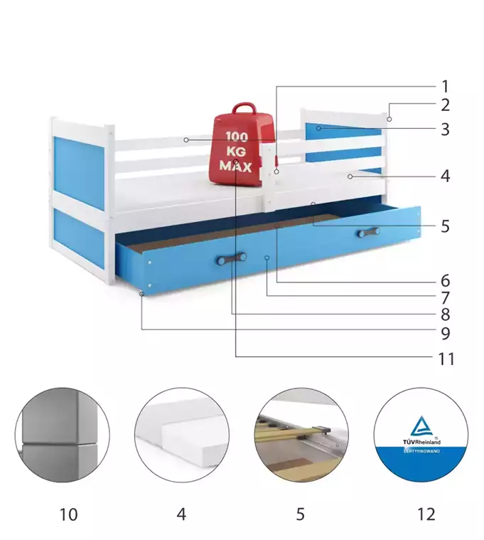 RICO single youth bed 90x190 with drawer, white/blue - Image 6