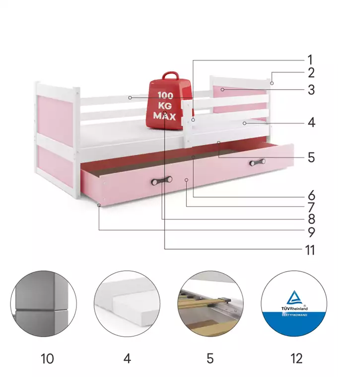 RICO single youth bed 90x190 with drawer, white/pink - Image 6