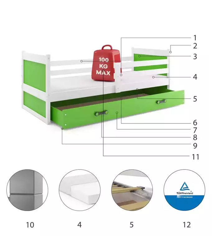 RICO single youth bed 90x190 with drawer, white/green - Image 6