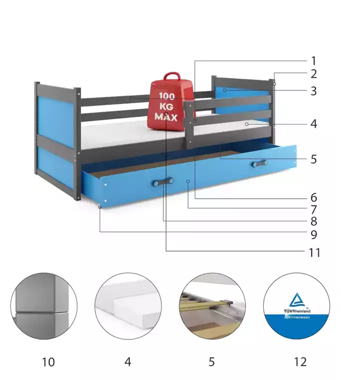 RICO single youth bed 90x190 with drawer, graphite/blue - Image 6
