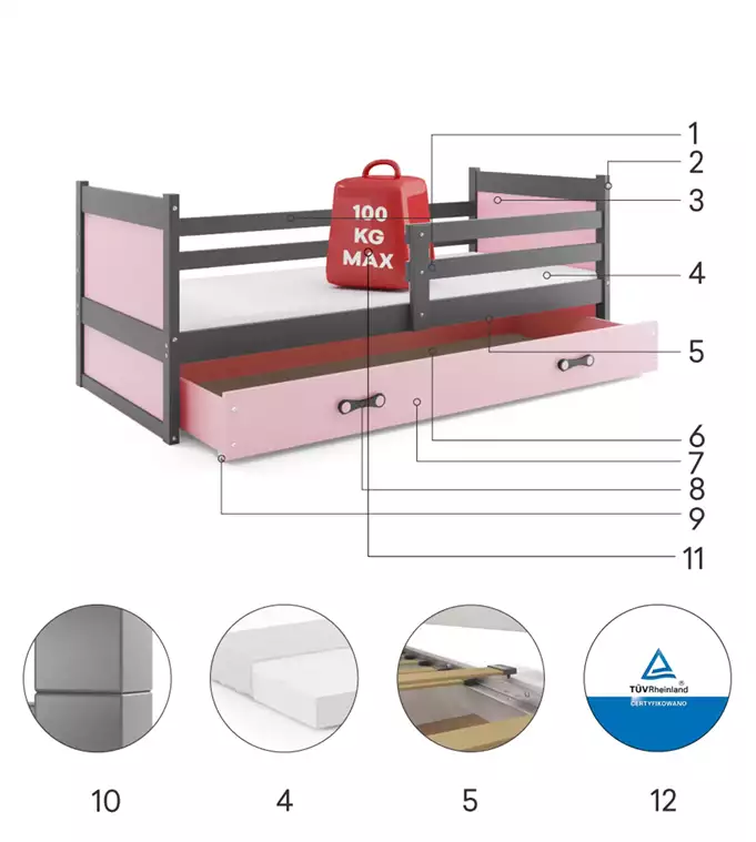 RICO single youth bed 90x190 with drawer, graphite/pink - Image 6