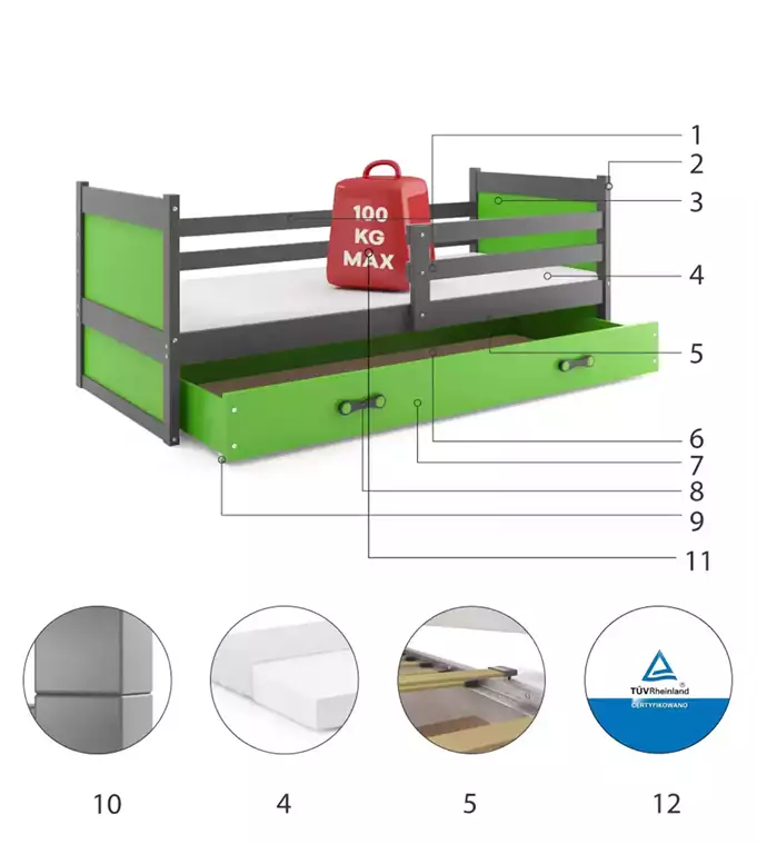 RICO single youth bed 90x190 with drawer, graphite/green - Image 6