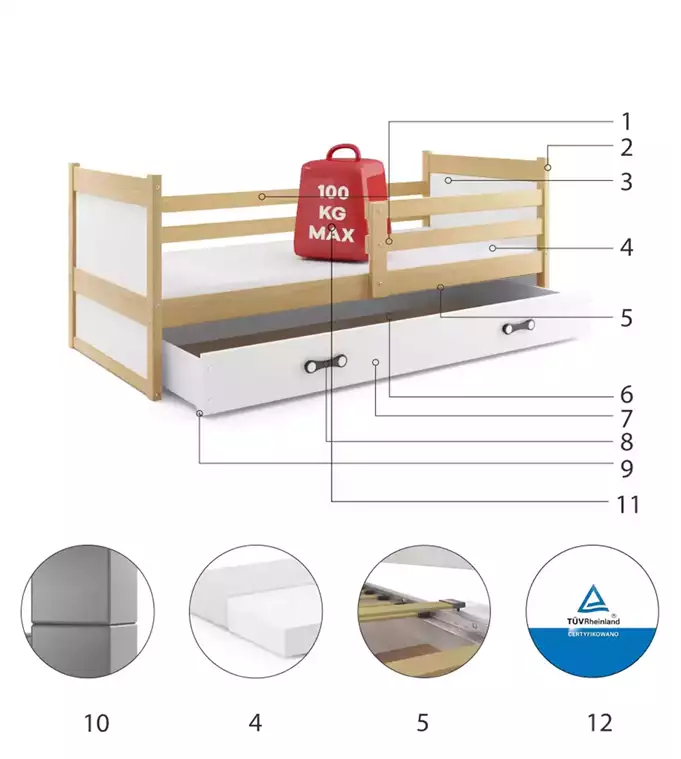 RICO single youth bed 90x190 with drawer, pine/white - Image 6