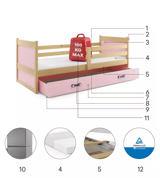 RICO single youth bed 90x190 with drawer, pine/pink - Image 6