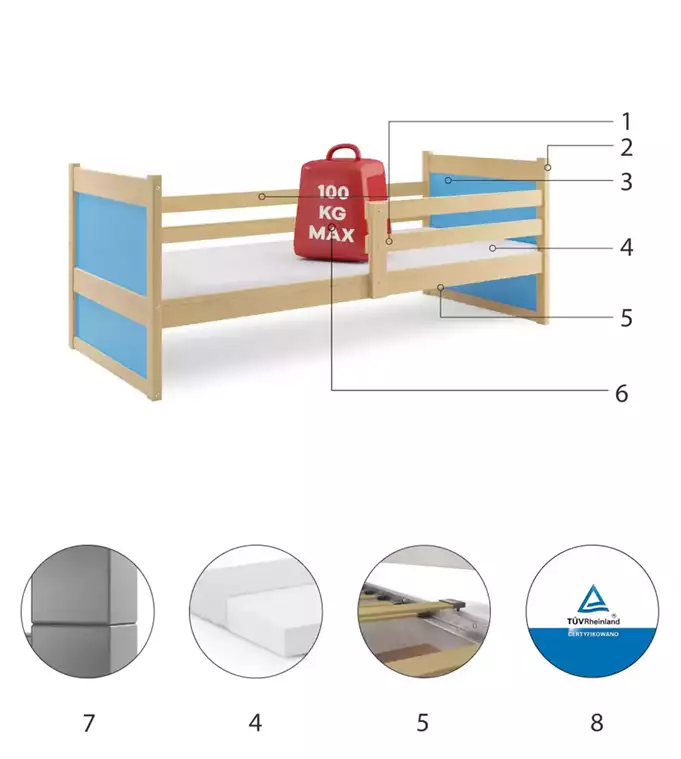RICO single bed for youth 90x200, pine/blue - Image 6